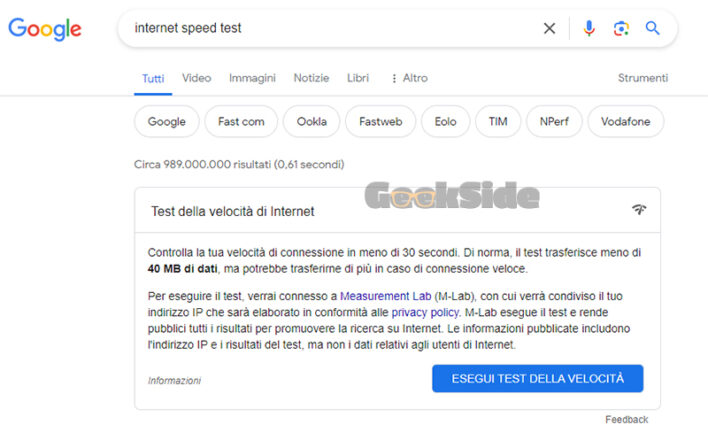 Test della velocità di Google
